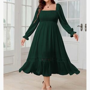 Womens Long Sleeve Square Neck Wedding Guest Smocked Flowy Boho Maxi Dress